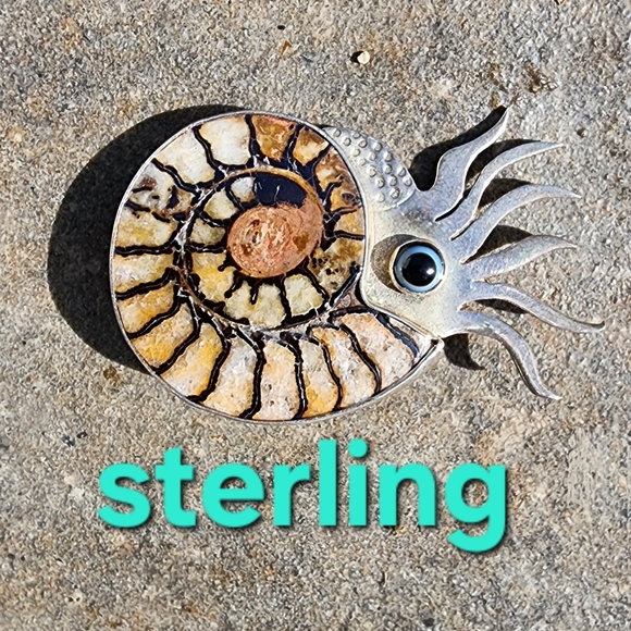 sterling Jewelry - Vintage sterling silver nautical octopus ammonite fossil by GFMW snail animal